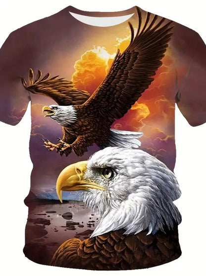Neues cooles T-Shirt für Herren mit Adler-Motiv, 3D-Print, Flammenadler, sommerliche Streetwear, trendiges Kurzarmshirt, Herren-Tops