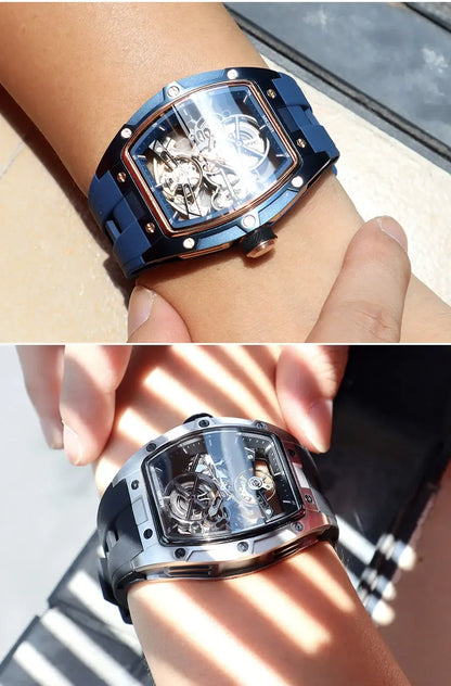 MEGIR Automatic Wristwatch Men Fashion Black Silicone Strap Wateproof Luminous Sport Mechanical Watch with Tonneau Dial 2242