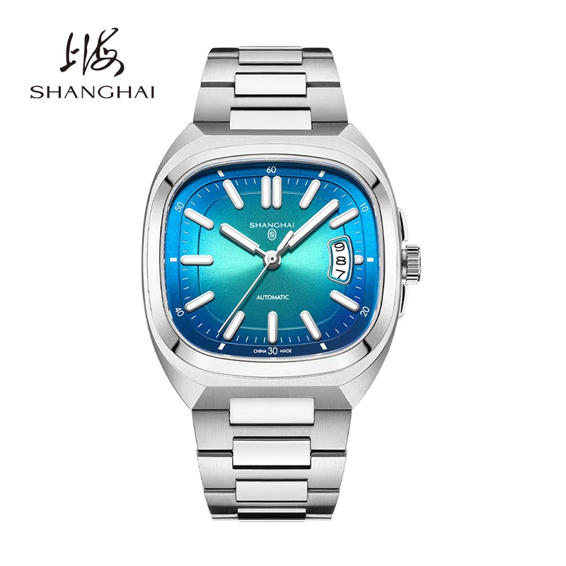 Shanghai Watch Automatic Mechanical Square Dial Men's Watch Luminous Water-Resistant to 50m Date Display Casual Wristwatch SH018