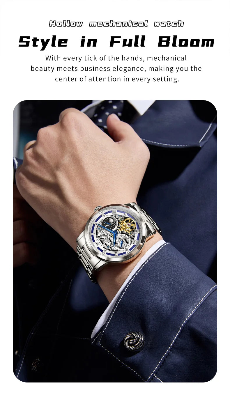OLEVS 6670 Mens Watch Luxury Brand Skeleton Mechanical Watch Moon Phase Stainless Steel Watches For Man Gifts Box High Quality