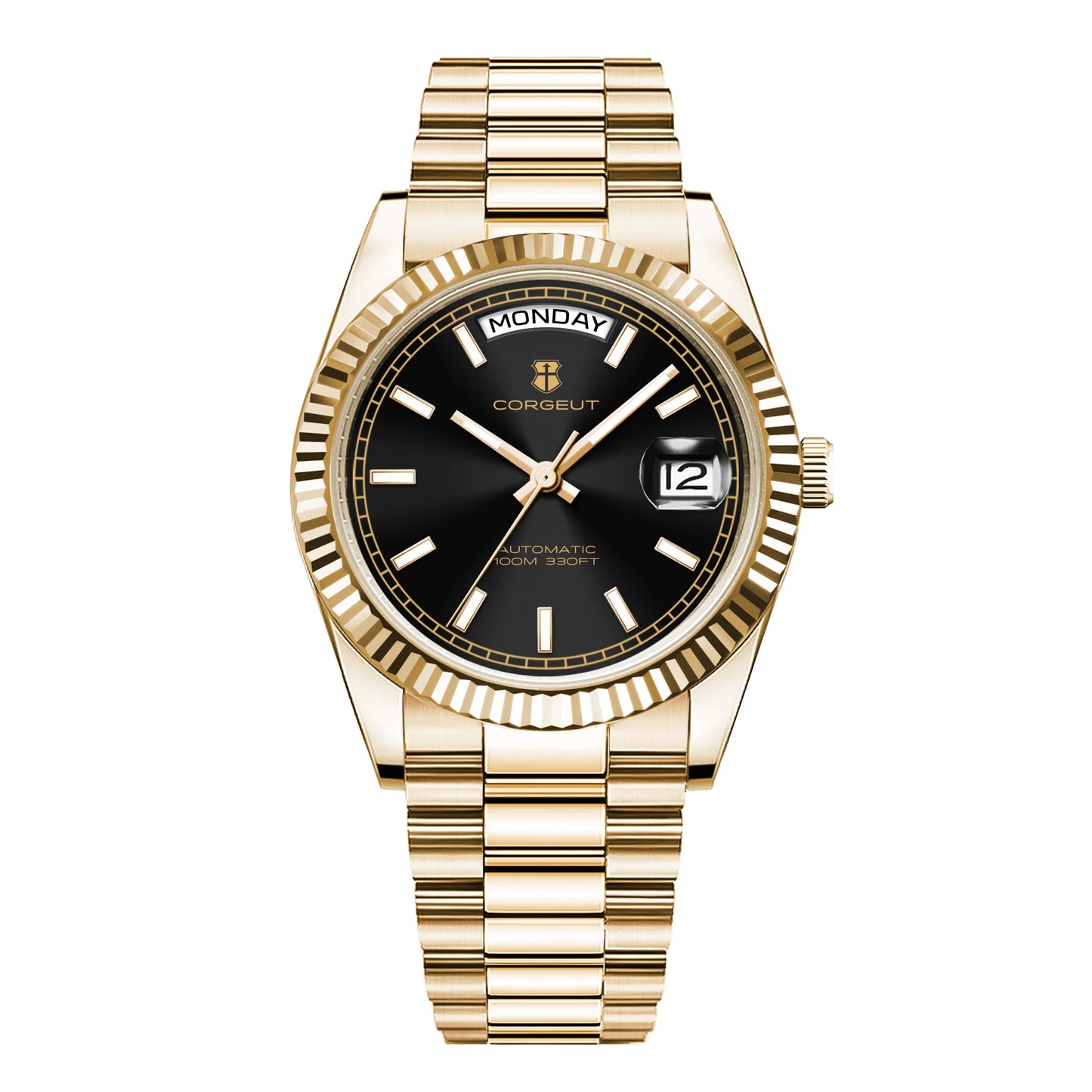 CORGEUT NH36 mechanische Herrenuhr mit Wochentags- und Datumsanzeige, President-Gliederarmband, Stahlgehäuse, geriffelter Arc-Lünette, wasserdicht