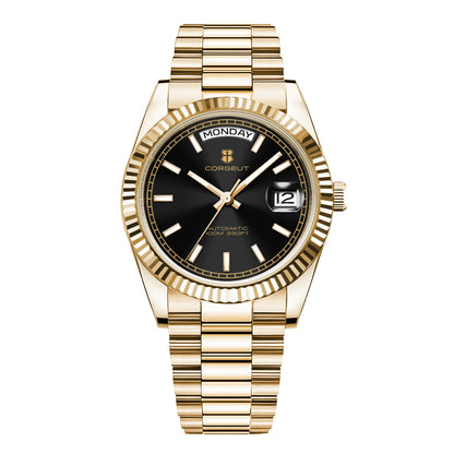 CORGEUT NH36 mechanische Herrenuhr mit Wochentags- und Datumsanzeige, President-Gliederarmband, Stahlgehäuse, geriffelter Arc-Lünette, wasserdicht