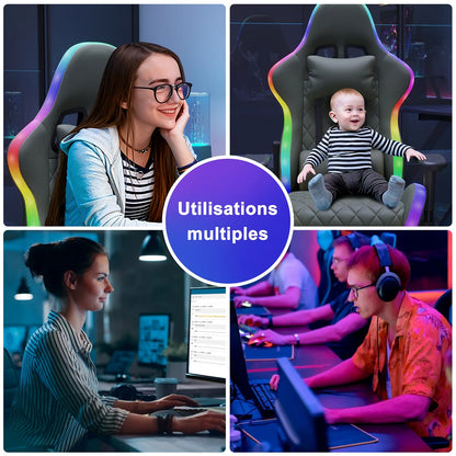 Ergonomic Gaming Chair with Massage Function, RGB LED Lights, Reclining Gaming Chair with Footrest, Adjustable Height PU Leather Office Gaming Chair
