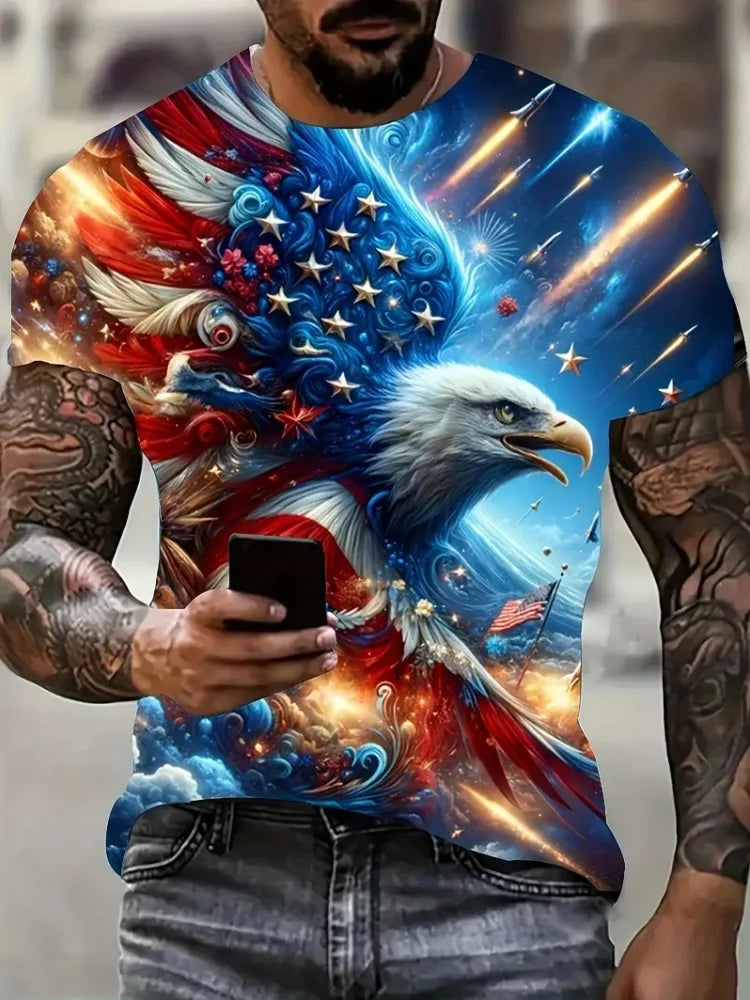 Men's Patriotic 3D Eagle Print T-Shirt Casual Crew Neck Short Sleeve Pullover for Summer Fashion Outdoor Activities Men's Clothing