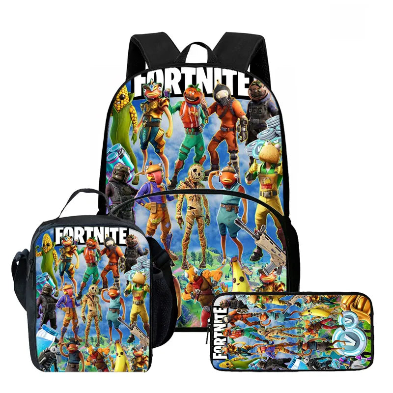 Fortnite Cartoon 3Pcs School Bag Set Unisex for Boys Girls, Backpack with Front Pocket, Lunch Bag and Pencil Case Best Gift