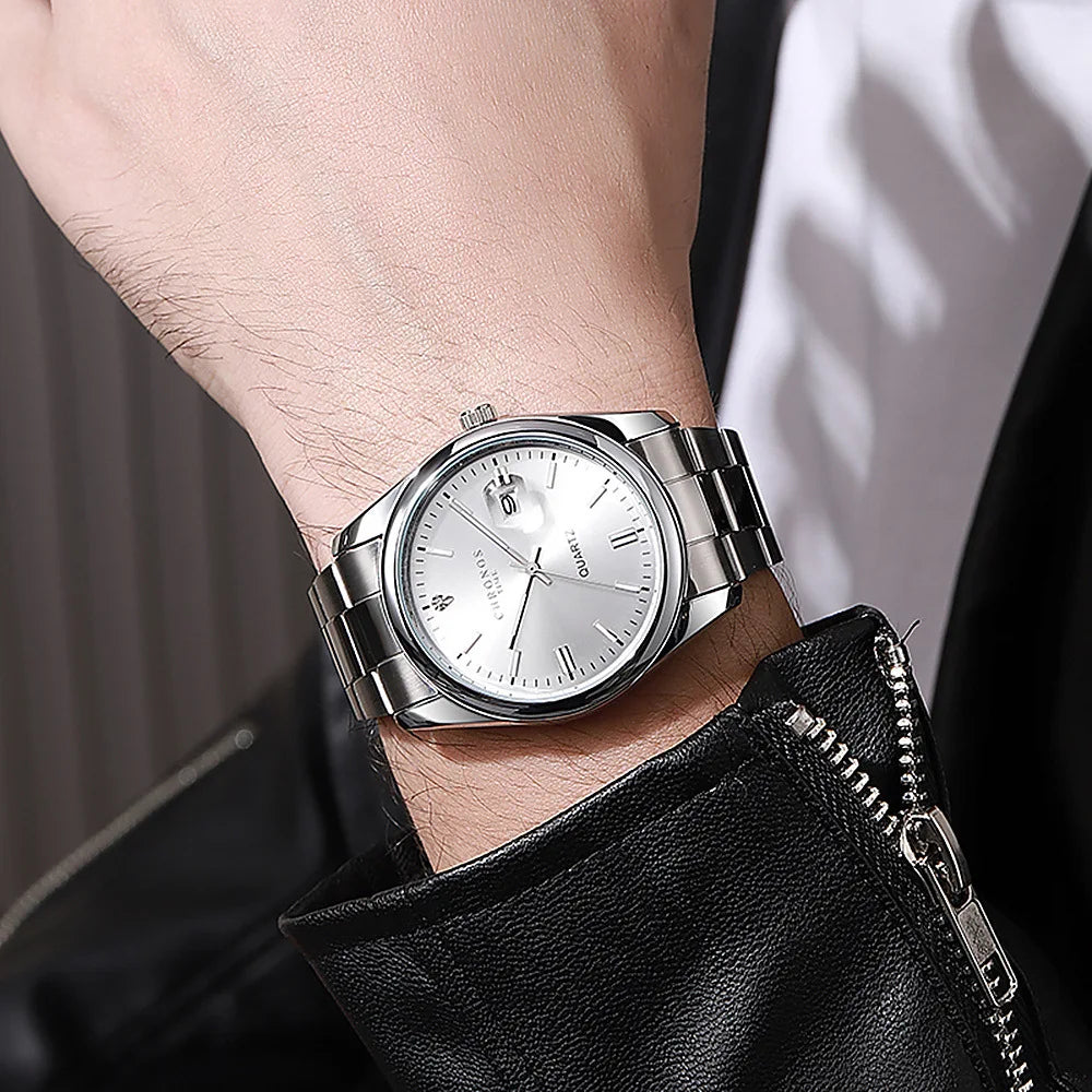 Reloj de pulsera para hombre CHRONOS: marca de lujo, resistente al agua, luminiscente, con indicador de fecha, de acero inoxidable y con mecanismo de cuarzo.