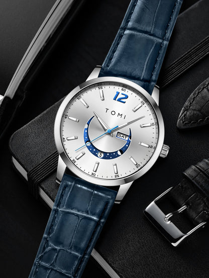 Reloj de cuarzo TOMI, de estilo elegante y profesional, con correa de piel, caja de aleación y esfera con agujas: diseño de alta gama, ideal como regalo para hombre.