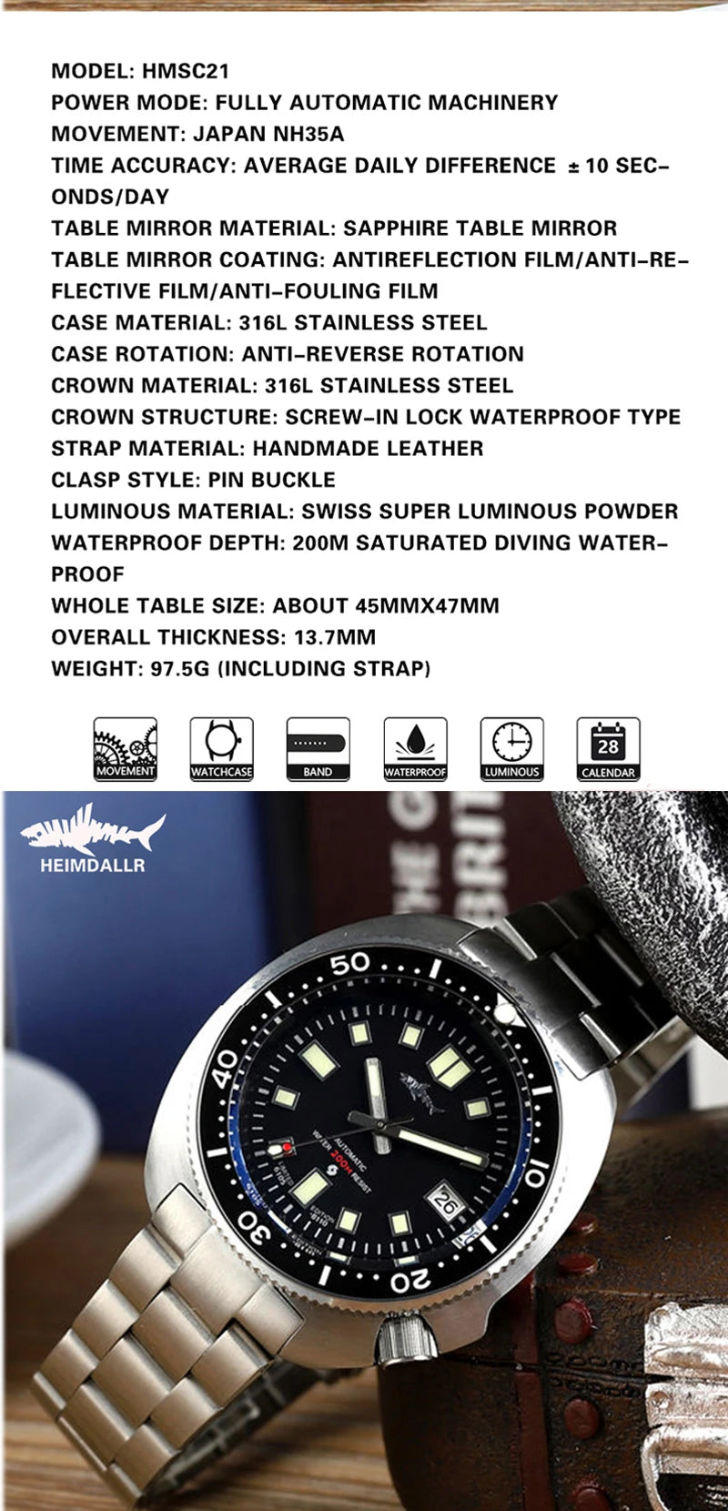 HEIMDALLR Turtle Mechanical Watch Men Captain Willard Watch Sapphire Crystal C3 Luminous NH35 Automatic Steel 200M Dive Watches