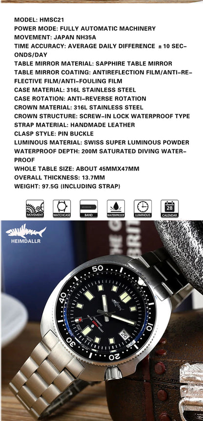 HEIMDALLR Turtle Mechanical Watch Men Captain Willard Watch Sapphire Crystal C3 Luminous NH35 Automatic Steel 200M Dive Watches