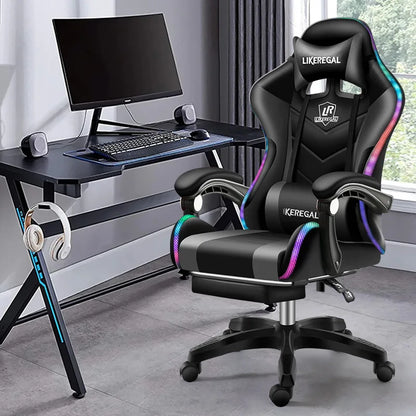 Ergonomic Gaming Chair with Footrest, Reclining Office Computer Chair, Adjustable Height Leather Gaming Chair with Lumbar Support
