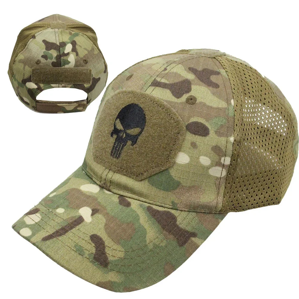 Baseballkappe im Camouflage-Look, aus atmungsaktivem Netzgewebe, taktische Camo-Kappe der Special Forces, mit Totenkopf- und Enten-Schirm