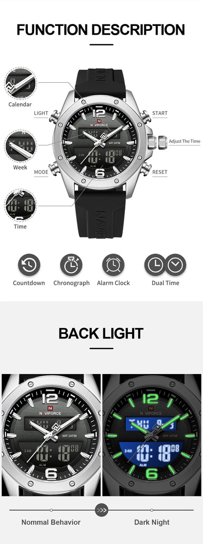 NAVIFORCE Men Quartz LCD Dual Display Watch With Silicone Strap 3ATM Waterproof Shockproof Night Light Round Case Sport Casual