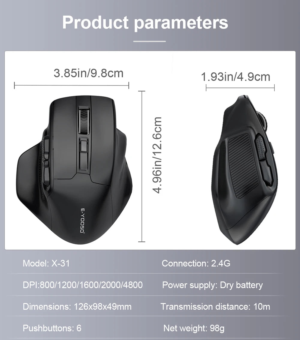 E-YOOSO X-31 ratón gaming inalámbrico USB 2.4G grande para manos grandes PAW3212 4800 DPI 5 botones para gamer, ordenador portátil y PC
