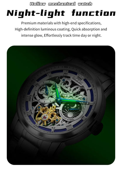 OLEVS 6670 Mens Watch Luxury Brand Skeleton Mechanical Watch Moon Phase Stainless Steel Watches For Man Gifts Box High Quality