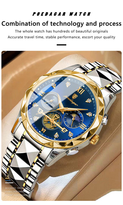 POEDAGAR Top High Quality Man Wristwatch Stainless Steel Chronograph Business Men Watch Waterproof Luminous Quartz Men's Watches