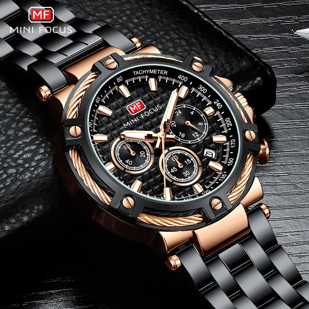 MINI FOCUS Black Stainless Steel Quartz Watch Men Fashion Luminous Dress Wristwatch with Date 24-hour Display Chronograph 0470