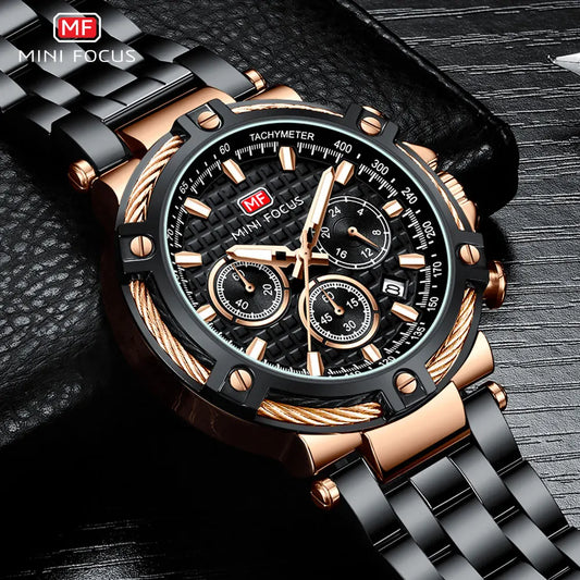 MINI FOCUS Black Stainless Steel Quartz Watch Men Fashion Luminous Dress Wristwatch with Date 24-hour Display Chronograph 0470