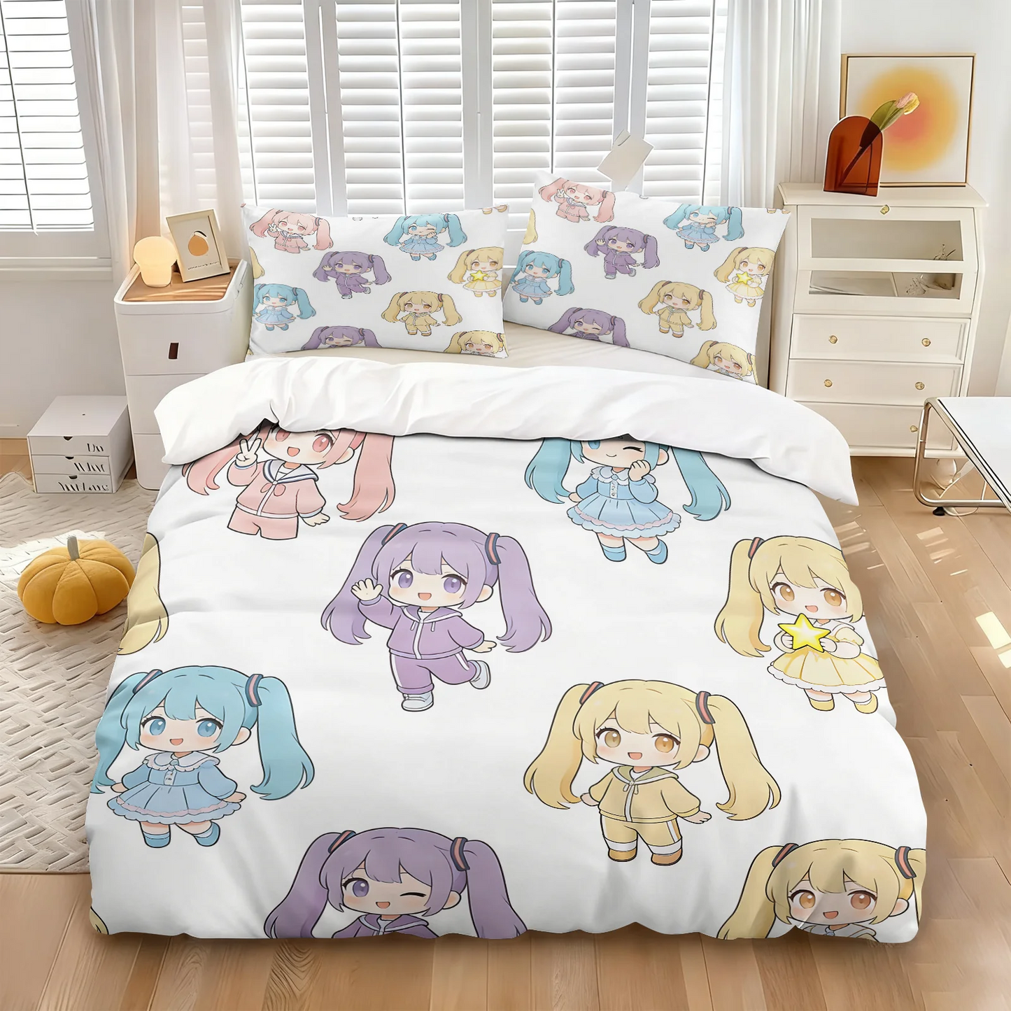 Set navlake za poplun Hatsune Miku u chibi stilu, slatka anime posteljina s jastučnicama, dekor za gaming sobu, spavaću sobu tinejdžera i djece, poklon za fanove