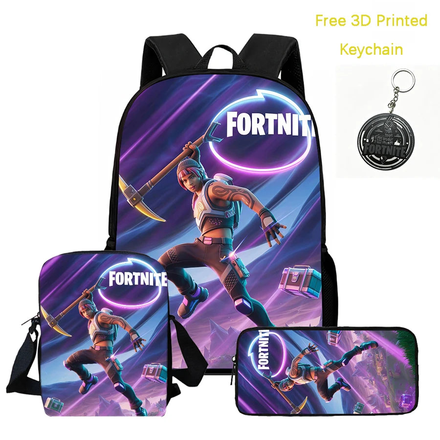3Pcs Kids Backpack Set, Crossbody & Pencil Bag, FORTNITE Cartoon Bag, Lightweight for Boys and Girls Ages 5-10, Free 3D Printed Keychain