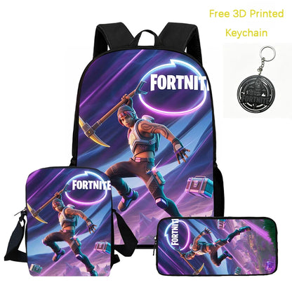 3Pcs Kids Backpack Set, Crossbody & Pencil Bag, FORTNITE Cartoon Bag, Lightweight for Boys and Girls Ages 5-10, Free 3D Printed Keychain