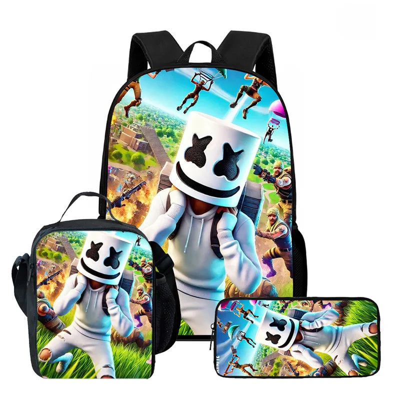Fortnite Cartoon 3-teiliges Rucksack-Set für Jungen und Mädchen, unisex, mit Schulranzen, Lunch Bag und Federmäppchen, geeignet für Kinder von 5-8 Jahren