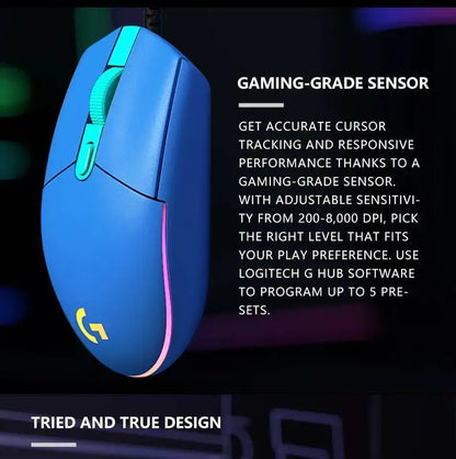 Logitech G203 LIGHTSYNC-mus trådbunden 8000 DPI-sensor RGB Sync 6 knappar mekanisk spänning för kontor och gaming