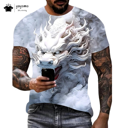 T-shirts de homem com padrão de dragão, manga curta, gola redonda, estilo streetwear, estampado animal 3D, corte largo e versátil, roupa de homem