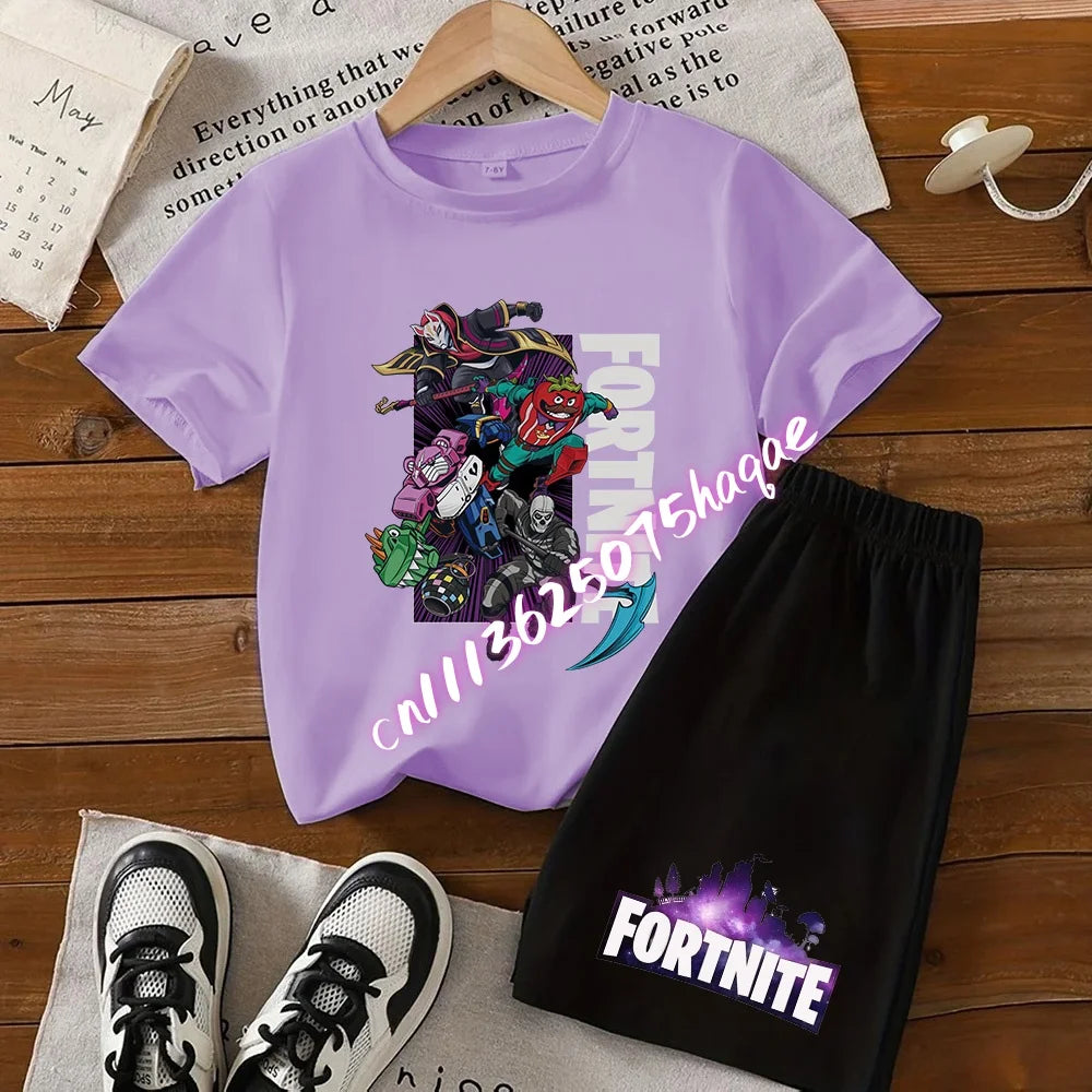 Summer Fortnite T-shirt Shorts for Boys and Girls Tee Pants Set 2pcs Children Clothing Tops T-shirts Fortress Night Print Tees Gift