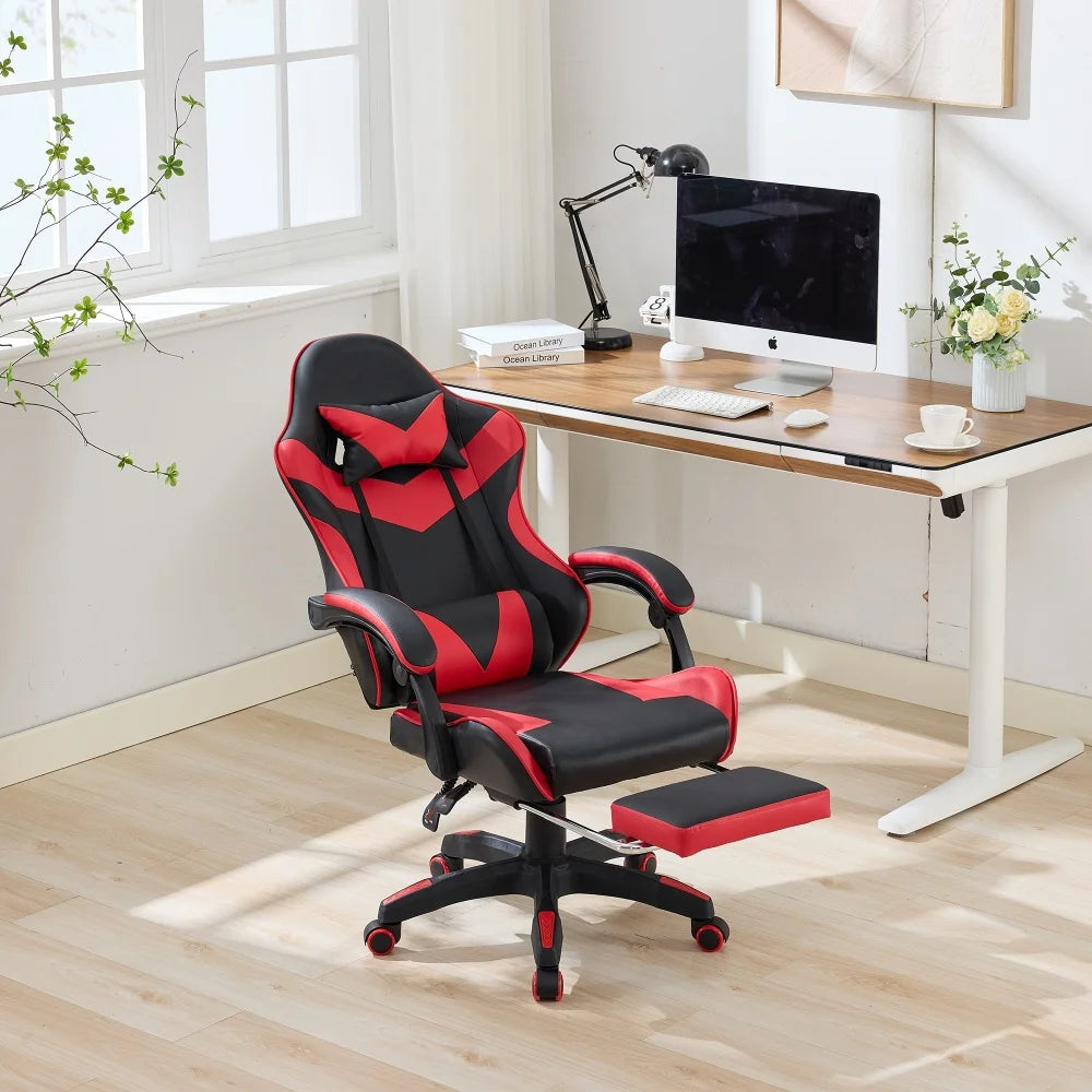 Ergonomic Racing Gaming Chair with Lumbar Support, Massage Function, Footrest, Reclining Leather Gaming Chair for Office & PC Gaming