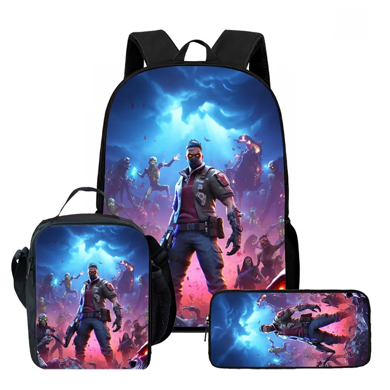 Fortnite Cartoon 3-teiliges Rucksack-Set für Jungen und Mädchen, unisex, mit Schulranzen, Lunch Bag und Federmäppchen, geeignet für Kinder von 5-8 Jahren