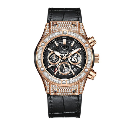 ONOLA Luxury Style Diamond Inlaid Men Quartz Watch Leather Strap Calendar Men Watch 30M Waterproof Men Clock