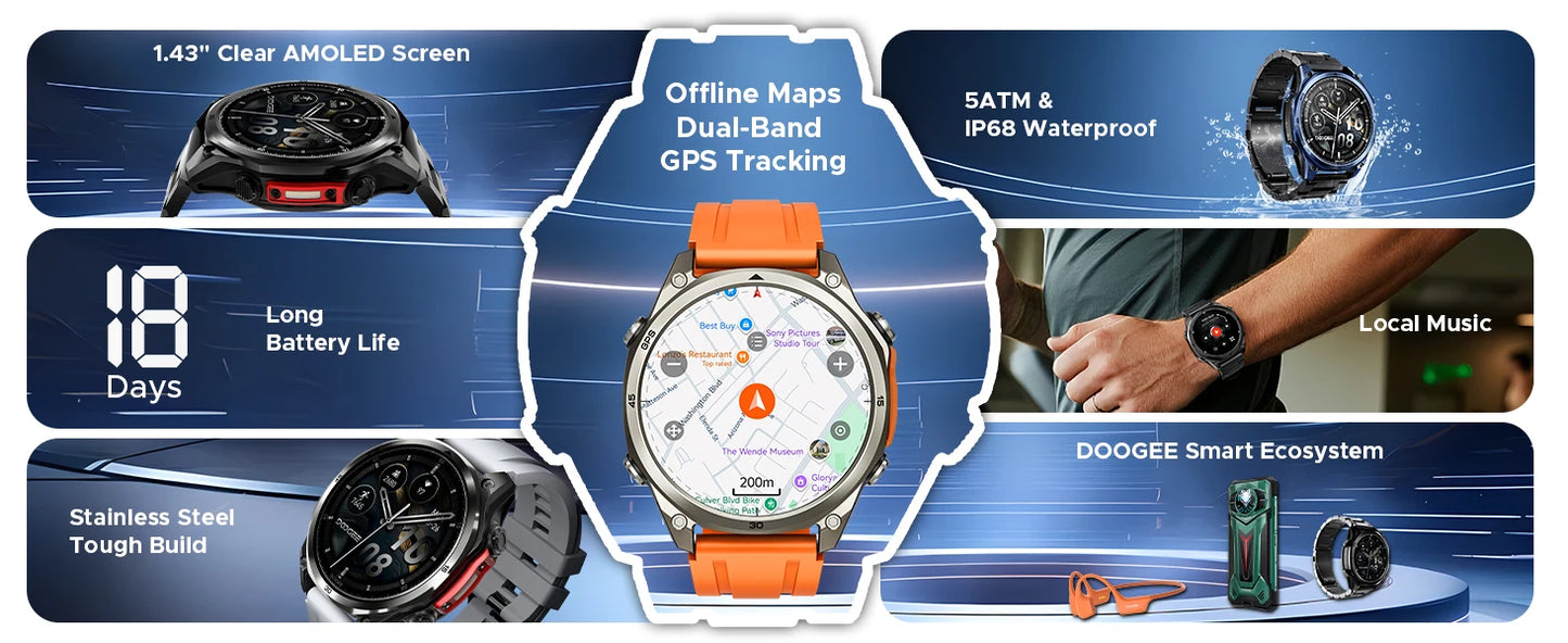 DOOGEE ANYWISE W1 PRO AI Smart Watch 1.43" AMOLED Display 5ATM IP68 Water Resistance GPS Tracking Sport Watch with Offine Maps