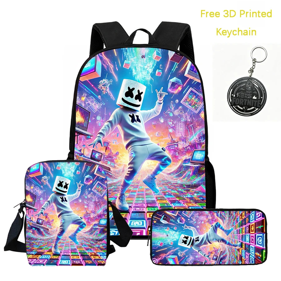 3Pcs Kids Backpack Set, Crossbody & Pencil Bag, FORTNITE Cartoon Bag, Lightweight for Boys and Girls Ages 5-10, Free 3D Printed Keychain