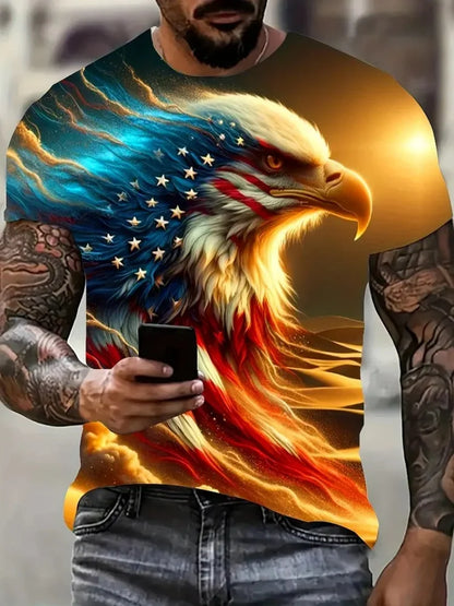 Men's Patriotic 3D Eagle Print T-Shirt Casual Crew Neck Short Sleeve Pullover for Summer Fashion Outdoor Activities Men's Clothing