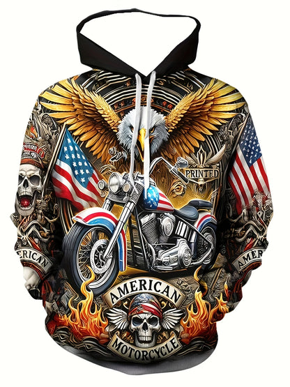 Men's 3D White Wolf Print Hoodie, Casual Long Sleeve Pullover with Drawstring Pocket, 100% Polyester Slight Stretch Men's Clothing