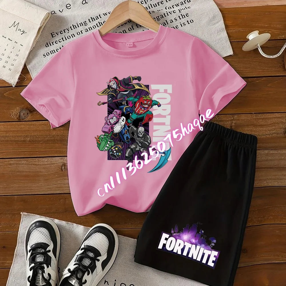 Summer Fortnite T-shirt Shorts for Boys and Girls Tee Pants Set 2pcs Children Clothing Tops T-shirts Fortress Night Print Tees Gift