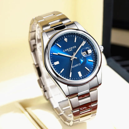 Reloj de pulsera para hombre CHRONOS: marca de lujo, resistente al agua, luminiscente, con indicador de fecha, de acero inoxidable y con mecanismo de cuarzo.