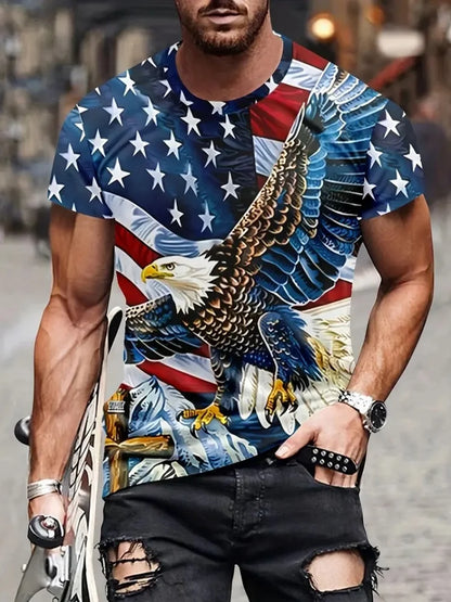 Men's Patriotic 3D Eagle Print T-Shirt Casual Crew Neck Short Sleeve Pullover for Summer Fashion Outdoor Activities Men's Clothing