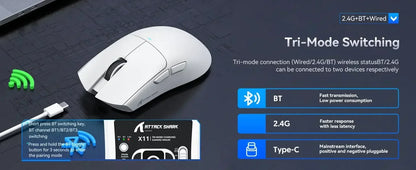 Mouse da gaming wireless Original Brand ATTACK SHARK X11 con dock di ricarica, sensore gaming PixArt PAW3311, Origin BT/2.4G wireless/cablato