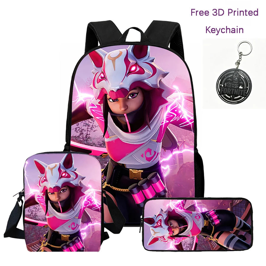 3Pcs Kids Backpack Set, Crossbody & Pencil Bag, FORTNITE Cartoon Bag, Lightweight for Boys Girls 6-10, Free 3D Printed Keychain