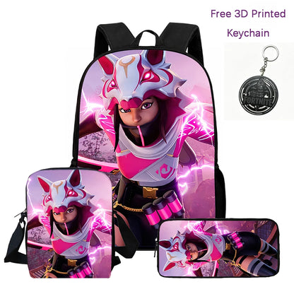 3Pcs Kids Backpack Set, Crossbody & Pencil Bag, FORTNITE Cartoon Bag, Lightweight for Boys Girls 6-10, Free 3D Printed Keychain