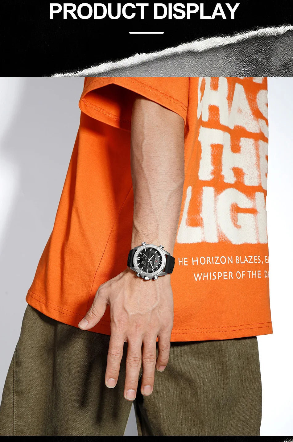 NAVIFORCE Men Quartz LCD Dual Display Watch With Silicone Strap 3ATM Waterproof Shockproof Night Light Round Case Sport Casual
