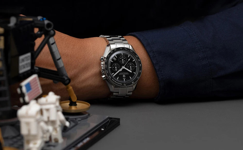Reloj para hombre PAGANI DESIGN «New Moon» – Reloj de cuarzo de lujo, cronógrafo, cristal de zafiro con tratamiento antirreflectante, bisel de cerámica, agujas luminiscentes