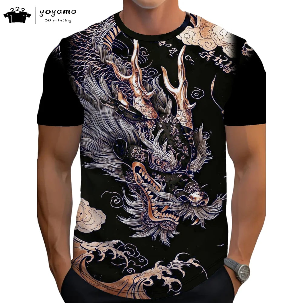 T-shirts de homem com padrão de dragão, manga curta, gola redonda, estilo streetwear, estampado animal 3D, corte largo e versátil, roupa de homem