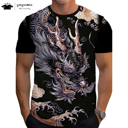 T-shirts de homem com padrão de dragão, manga curta, gola redonda, estilo streetwear, estampado animal 3D, corte largo e versátil, roupa de homem