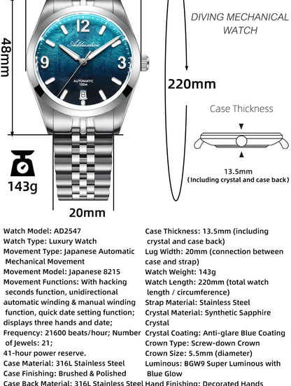 ADDIESDIVE AD2547 BGW9 Super Luminous Men Watch Sapphire Glass 10Bar Waterproof  316L Stainless Steel Automatic Mechanical Watch