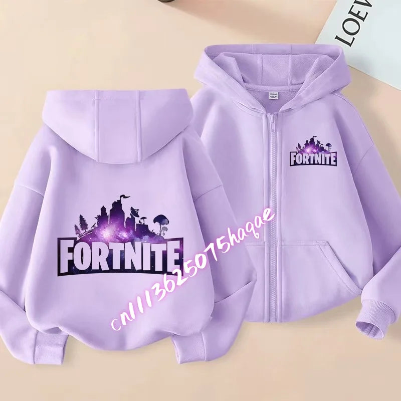 Nieuw Fortnite-kinderhoodiejack met cartoon-gamepersonageprint en rits, herfst- en winterjas voor kinderen, jongenskleding