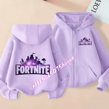 Nieuw Fortnite-kinderhoodiejack met cartoon-gamepersonageprint en rits, herfst- en winterjas voor kinderen, jongenskleding