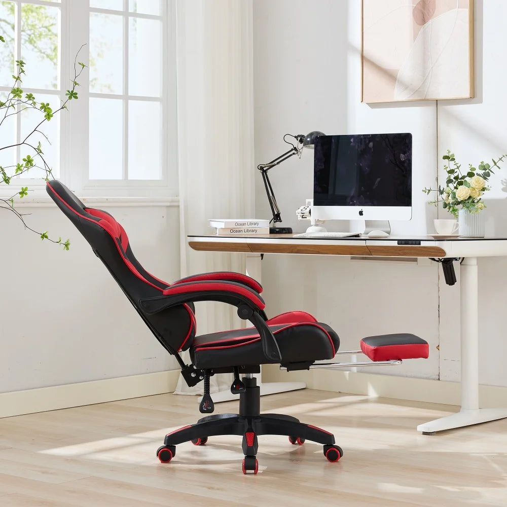 Ergonomic Racing Gaming Chair with Lumbar Support, Massage Function, Footrest, Reclining Leather Gaming Chair for Office & PC Gaming