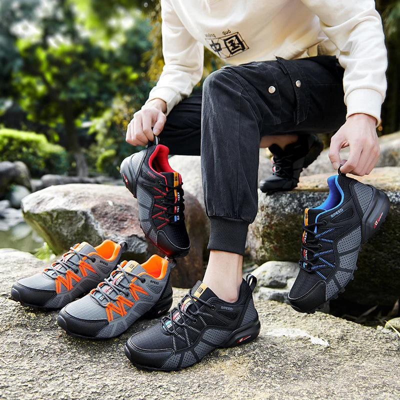 Męskie buty turystyczne – buty sportowe do terenów o zróżnicowanym ukształtowaniu terenu, z oddychającą siateczką, antypoślizgowe, odporne na zużycie – buty turystyczne i rowerowe